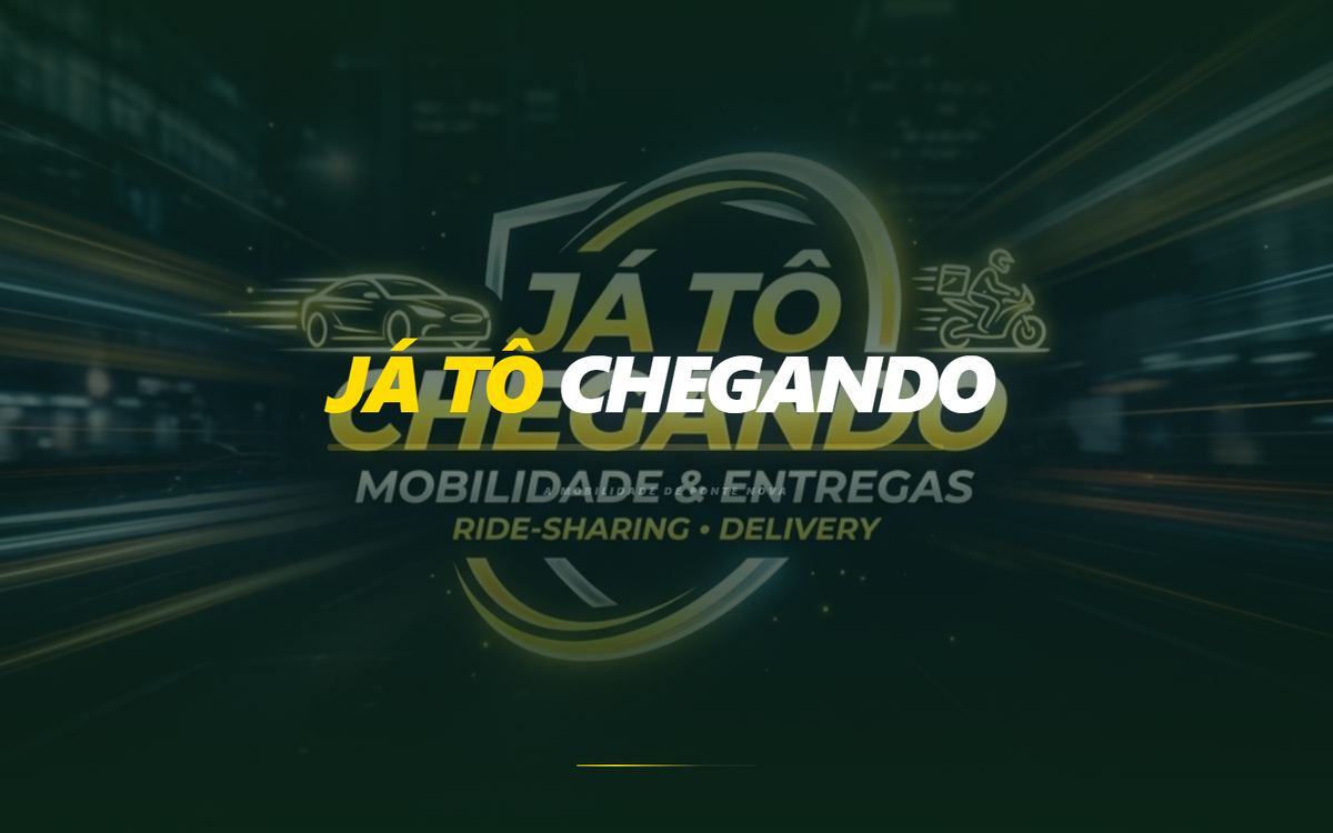 Tela de abertura do app J&aacute; T&ocirc; Chegando, com o logo e as op&ccedil;&otilde;es de ride-sharing e delivery